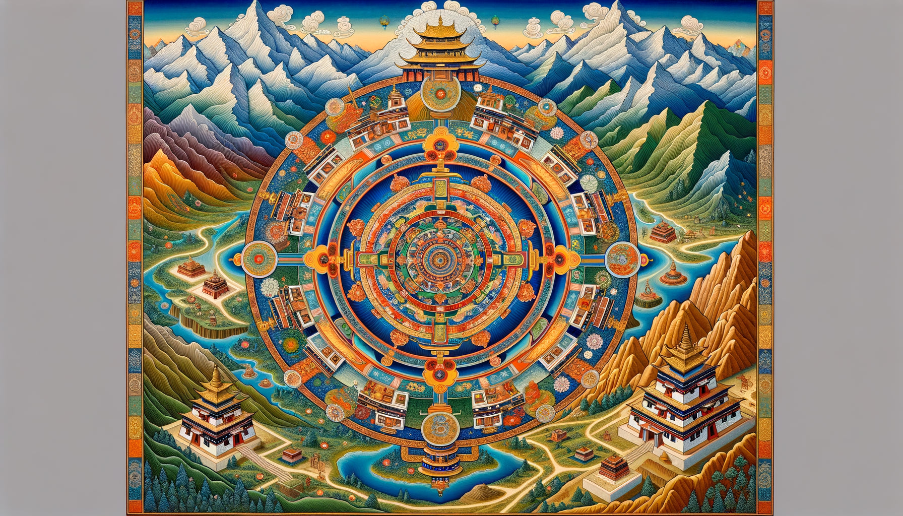 Carte mandalique tibétaine traditionnelle fusionnant paysage sacré himalayen et géométrie bouddhiste avec temple central et divinités