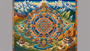 Carte mandalique tibétaine traditionnelle fusionnant paysage sacré himalayen et géométrie bouddhiste avec temple central et divinités