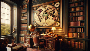 Bureau-bibliothèque avec reproductions encadrées de cartes anciennes du 18ème siècle sur mur lambrissé et livres reliés