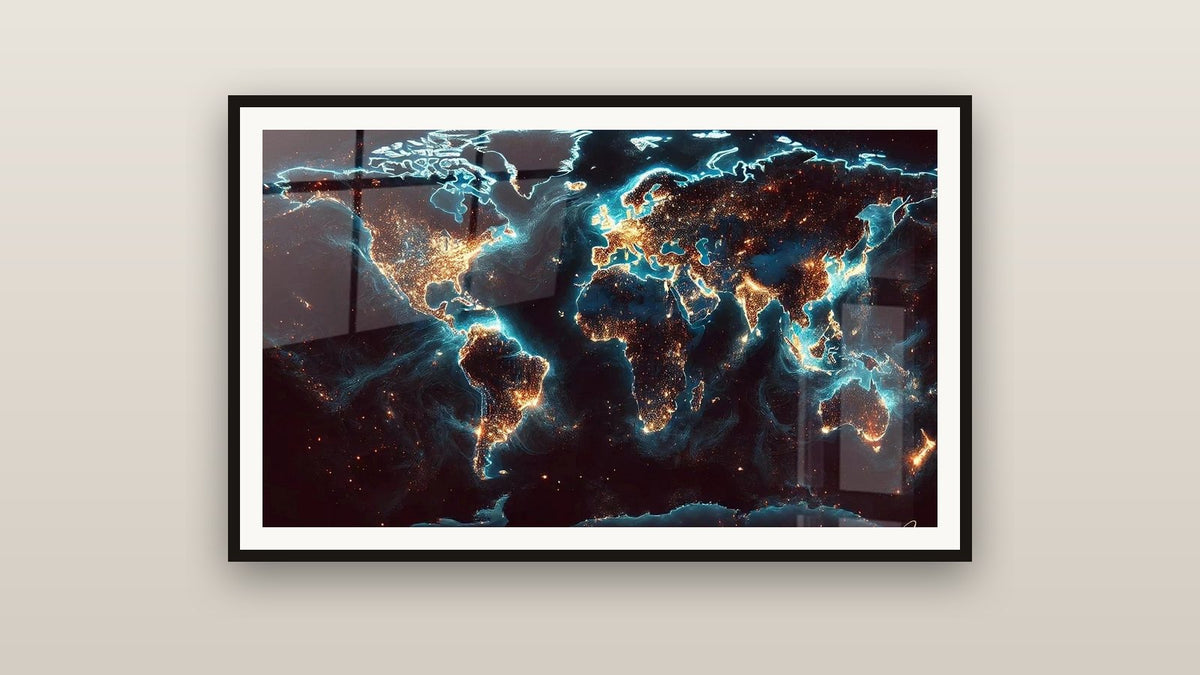 Framed painting on a wall: World Map Wall Art No. 2