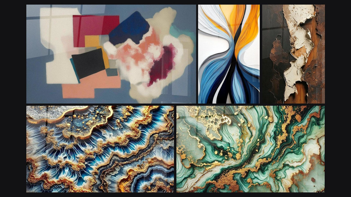 Mosaic of five paintings, including Geometric Forms Square Poetry, Dynamic Colored Flows and Golden Tide