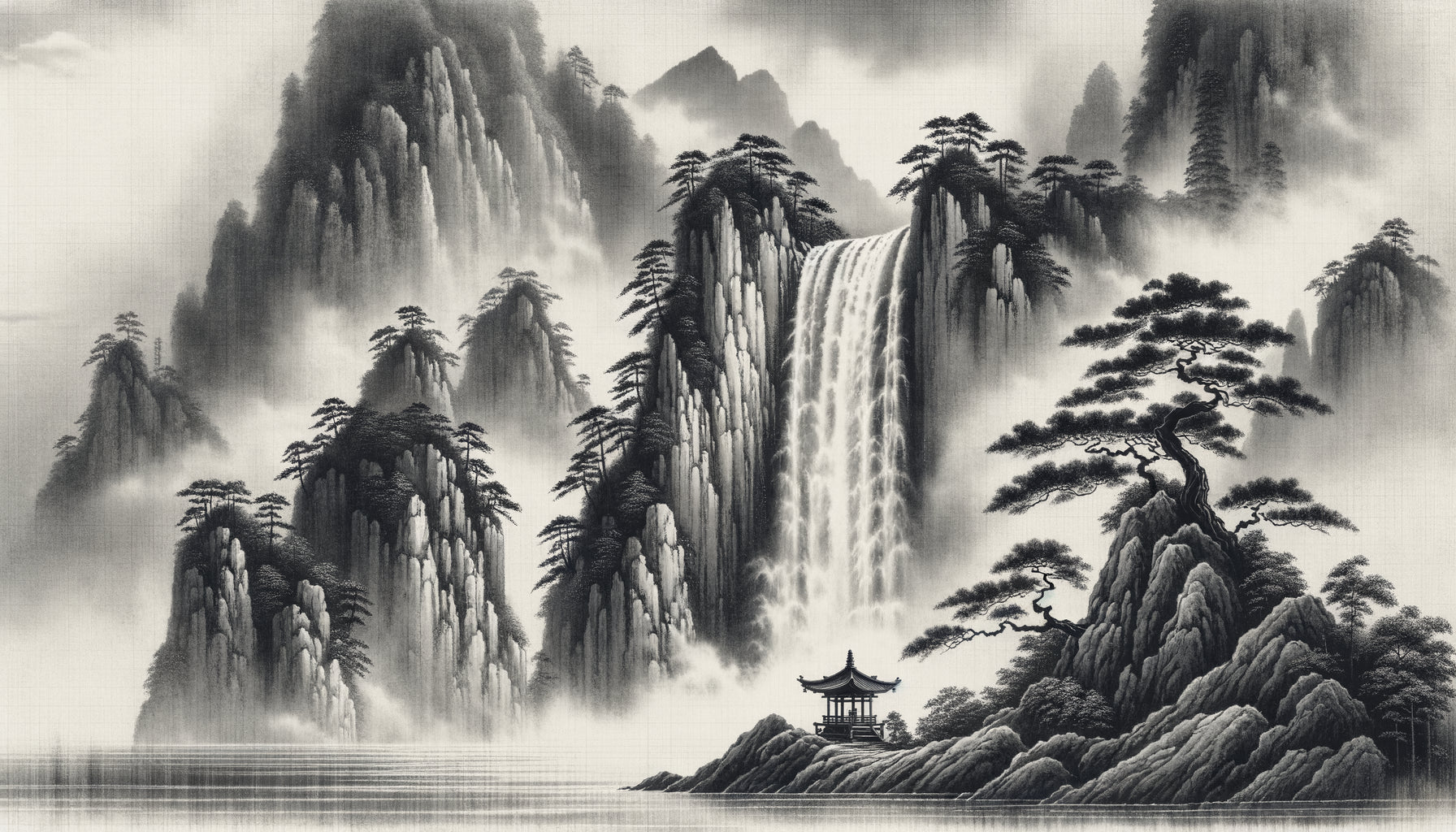 Peinture traditionnelle japonaise à l'encre de Chine représentant une cascade dans le style de Hokusai, période Edo, philosophie zen