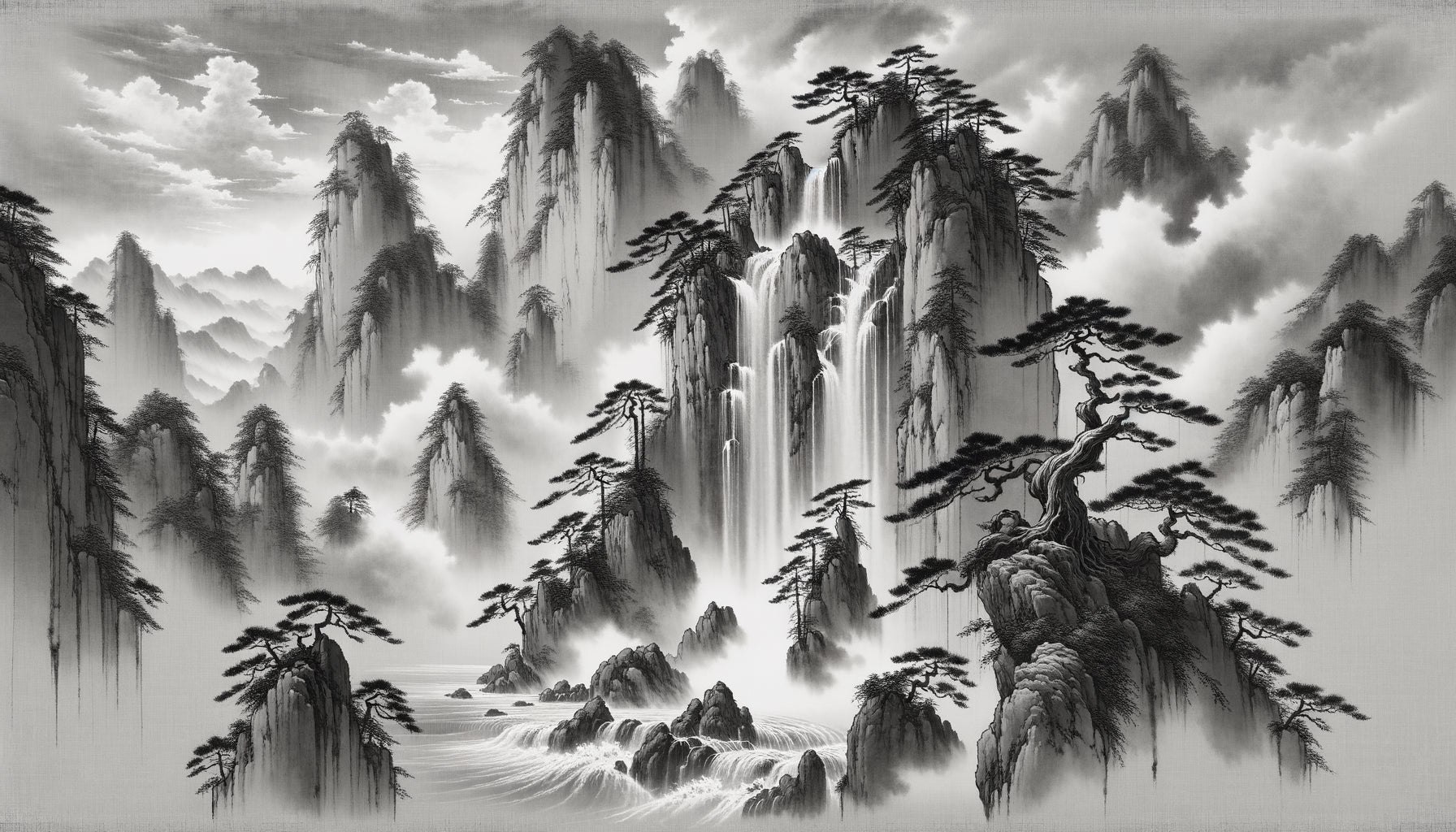 Peinture taoïste traditionnelle chinoise représentant une cascade symbolisant le Qi, énergie vitale universelle, style shanshui à l'encre