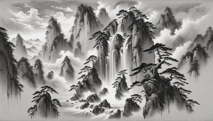 Peinture taoïste traditionnelle chinoise représentant une cascade symbolisant le Qi, énergie vitale universelle, style shanshui à l'encre