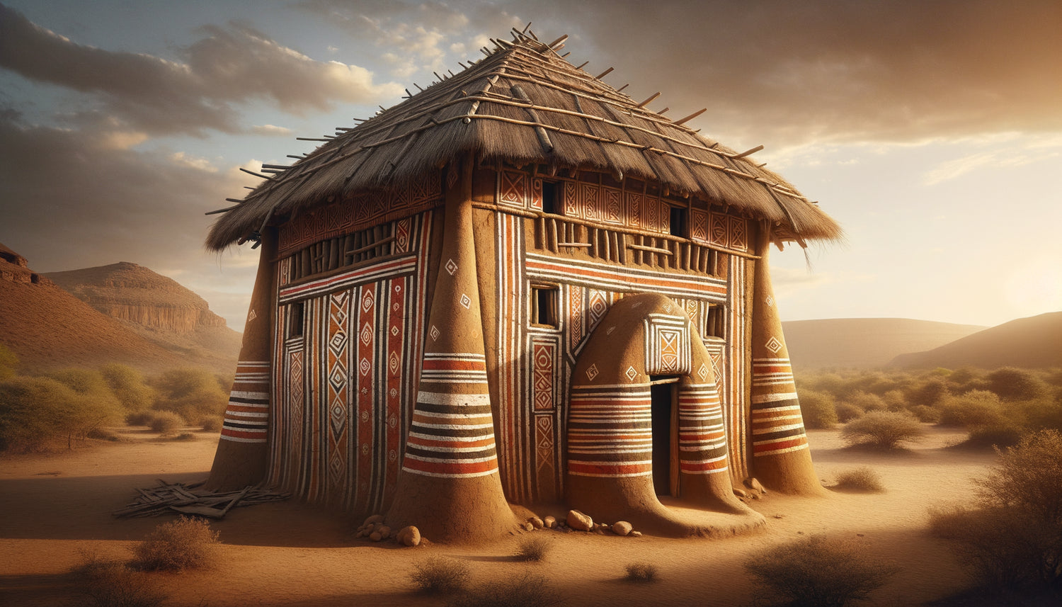 Case traditionnelle Sara du Tchad avec bandes verticales ocre, blanches et noires sur mur en terre, architecture ancestrale africaine
