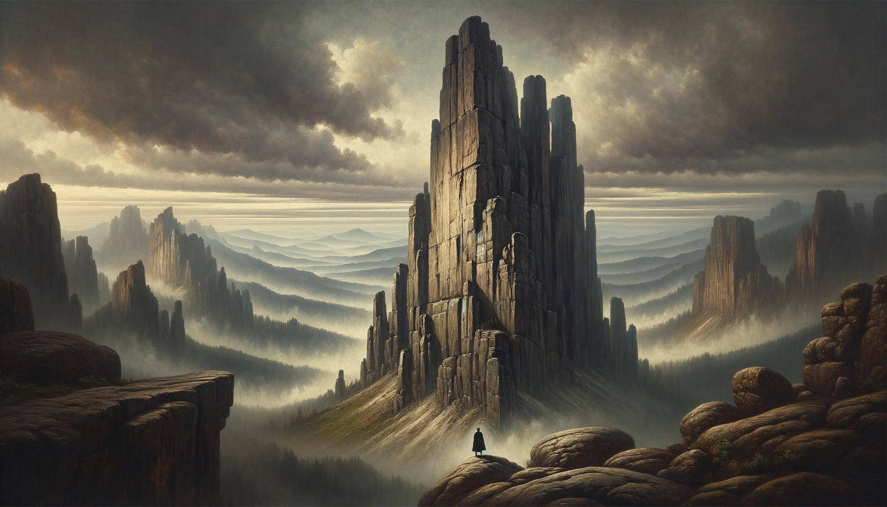 Peinture romantique style Caspar David Friedrich montrant affleurement rocheux vertical dans brume mystique, wanderer contemplatif, atmosphère métaphysique années 1820