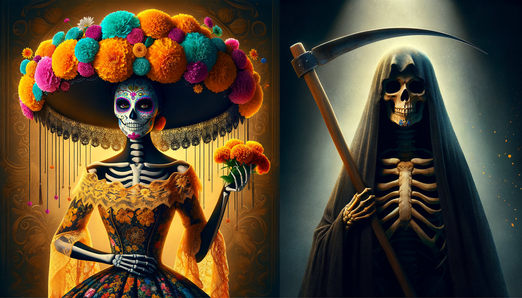 Comparaison visuelle entre la Catrina mexicaine colorée et élégante et la Faucheuse européenne sombre et mystérieuse