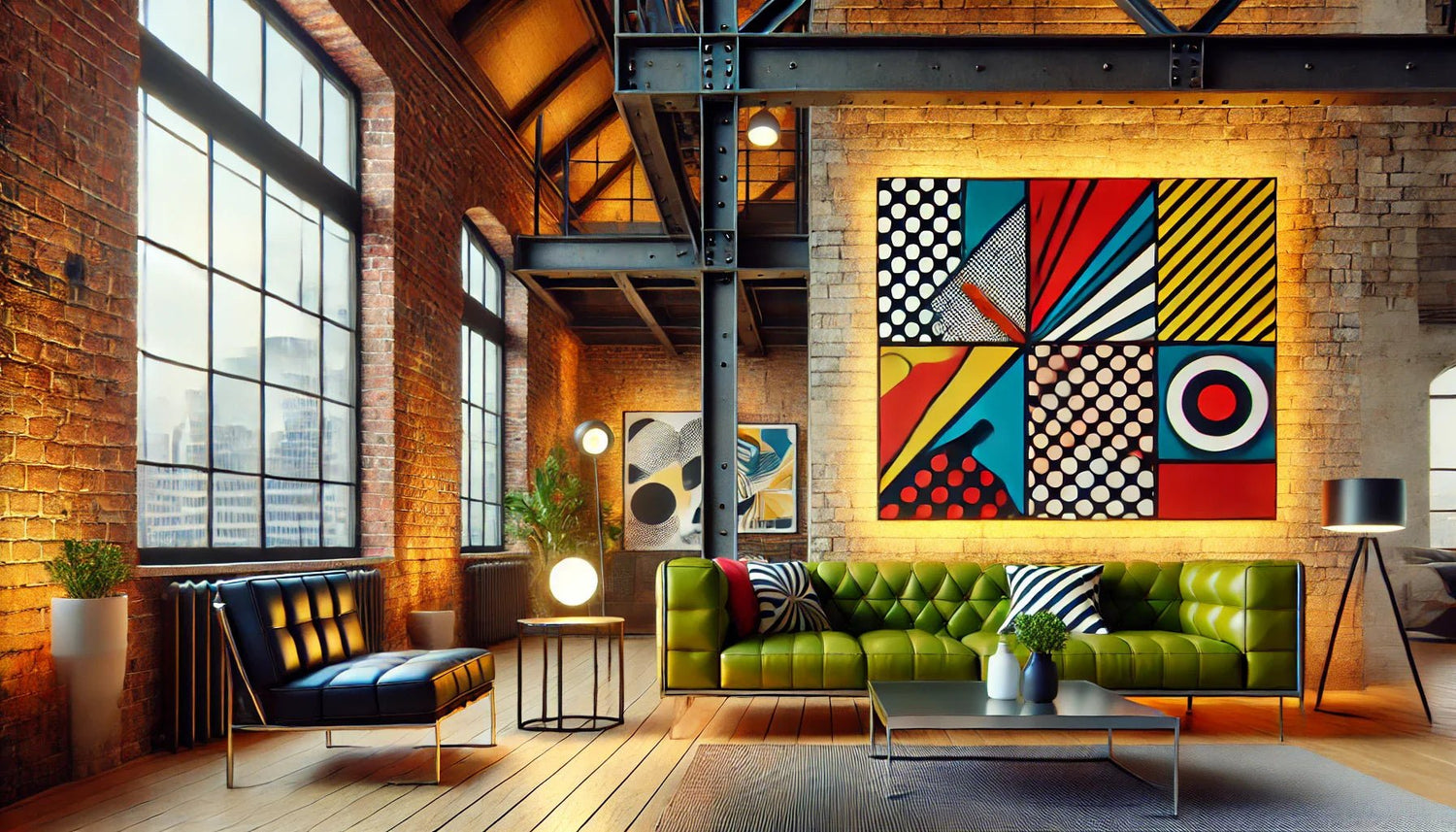 "Intérieur de loft industriel avec murs en briques apparentes, poutres en acier, et un tableau pop art coloré en pièce maîtresse, illuminé par une lumière chaleureuse."