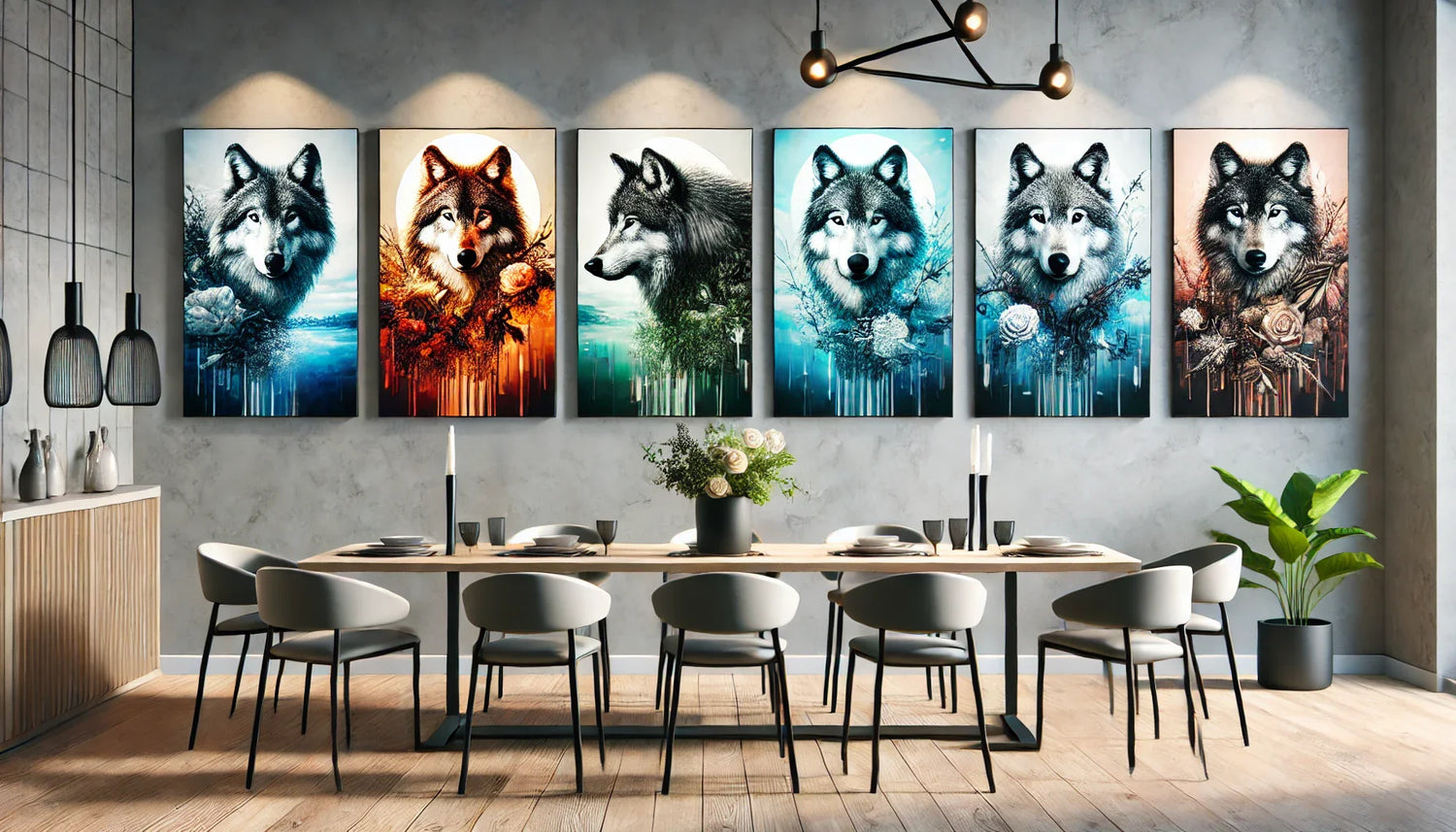 Une composition horizontale dynamique présentant cinq tableaux contemporains sur le thème du loup. Chaque œuvre met en valeur des couleurs vibrantes, des textures uniques et des éléments de design moderne, parfaitement adaptés à une salle à manger élégant