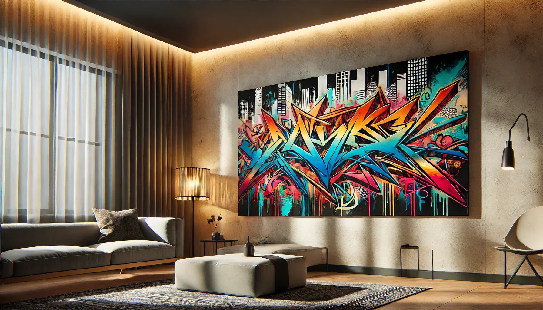 Tableau street art design coloré accroché à un mur moderne, illustrant un intérieur urbain et contemporain avec une touche artistique inspirée du graffiti.
