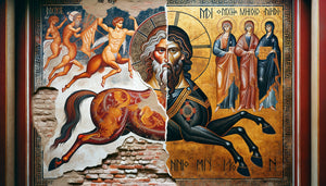 Contraste visuel entre fresque antique avec centaure et mosaïque murale byzantine chrétienne sans créatures mythologiques païennes