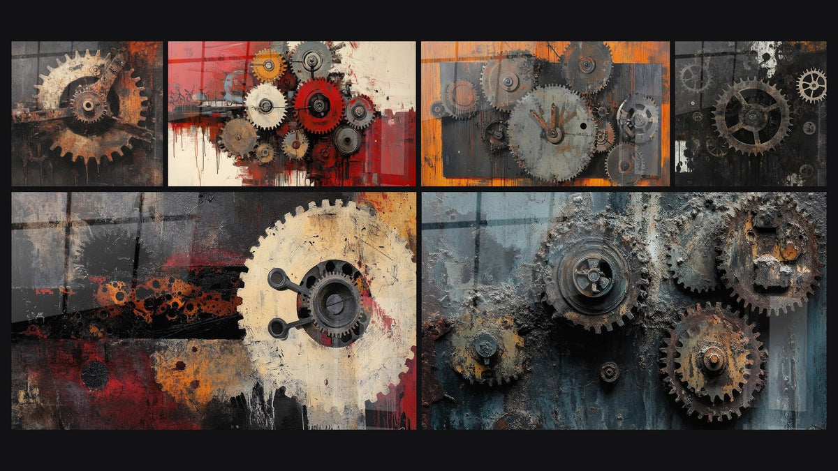Mosaïque de six tableaux, dont Engrenages rouillés, Engrenage industriel abstrait et Engrenages mécaniques