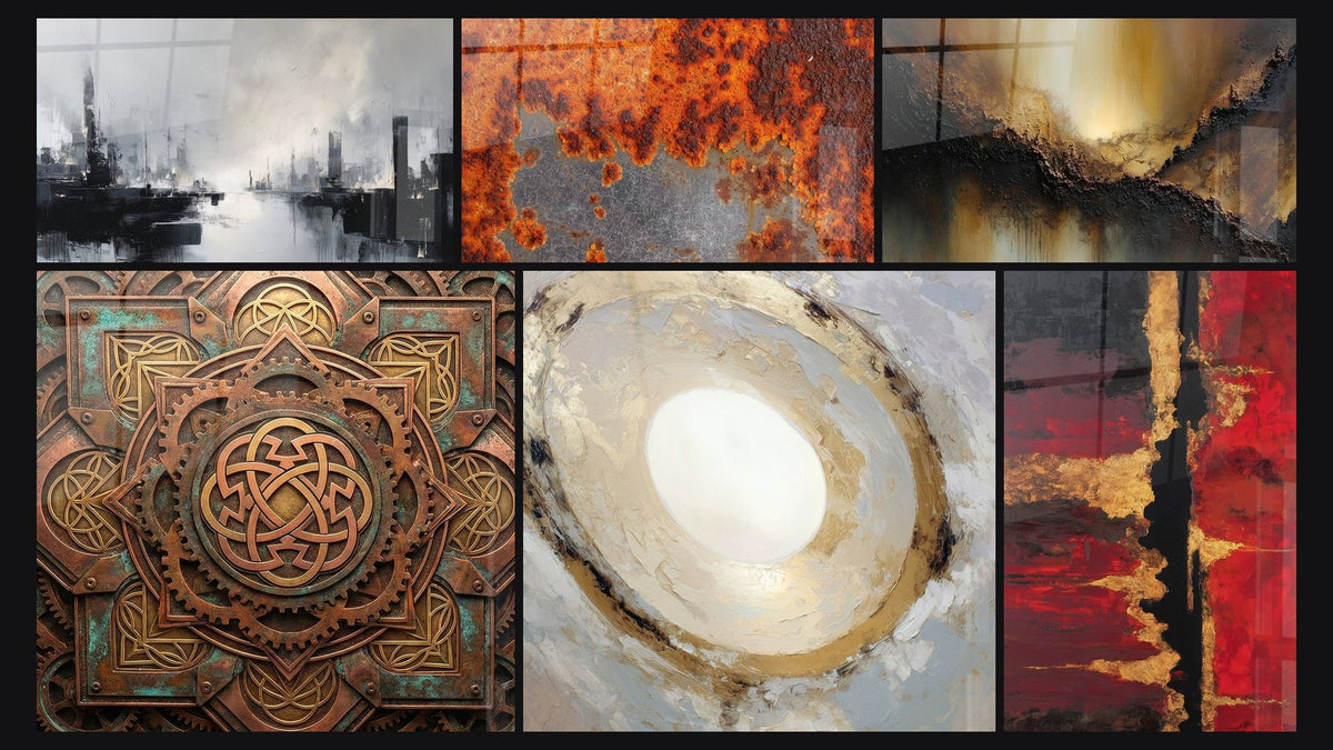 Mosaik aus sechs Gemälden, darunter Rostig Orange und oxidiertes Metall und Konzentrische Kreise Beige und Blaugrau