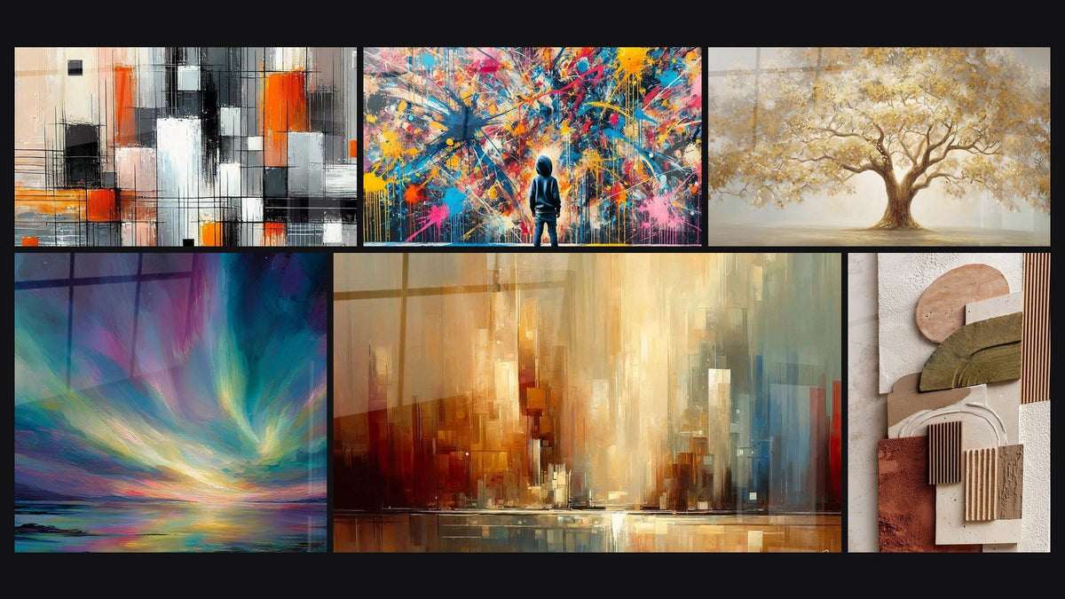 Mosaïque de six tableaux, dont Mécanique des couleurs, Éclats de Peinture et Paysage marin