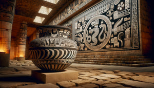 Céramique précolombienne à motifs géométriques noir et blanc devant fresque murale monumentale aux mêmes motifs