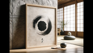 Calligraphie zen ensō japonaise à l'encre noire sur papier washi dans un spa minimaliste contemporain