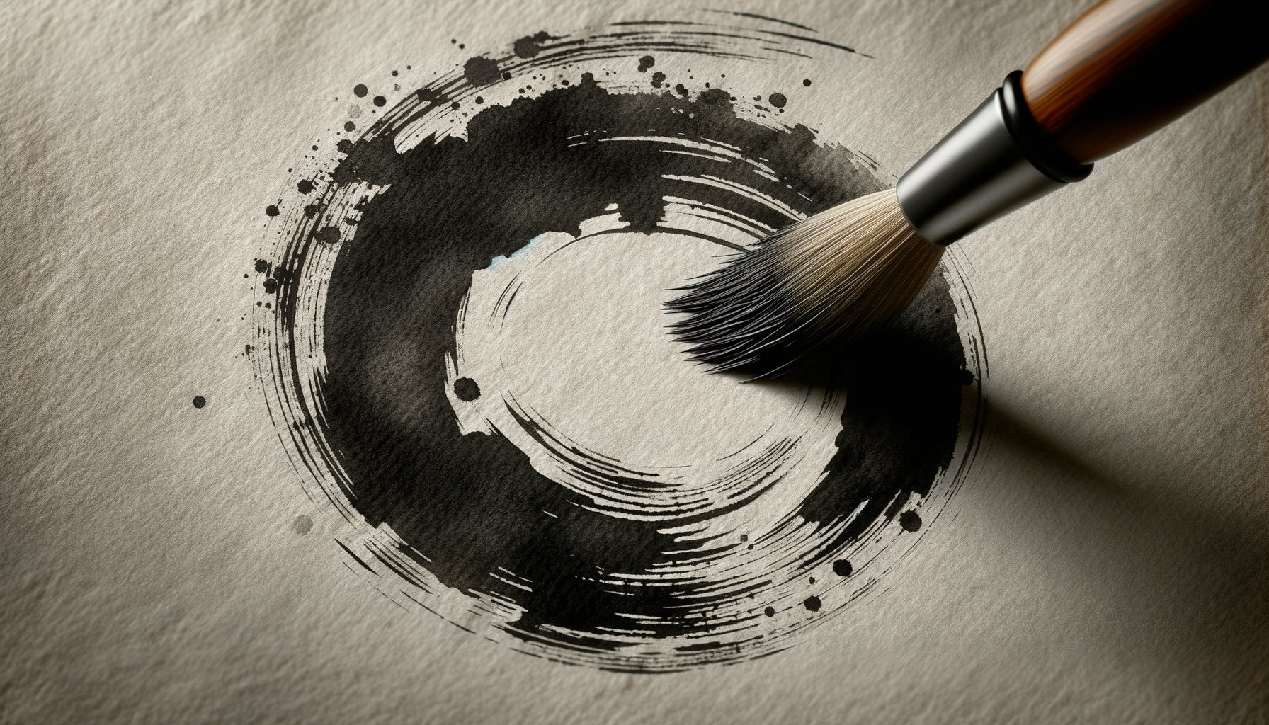 Gros plan d'un cercle ensō zen authentique en cours de tracé à l'encre sumi sur papier washi traditionnel avec variations et imperfections naturelles