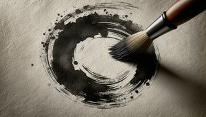 Gros plan d'un cercle ensō zen authentique en cours de tracé à l'encre sumi sur papier washi traditionnel avec variations et imperfections naturelles