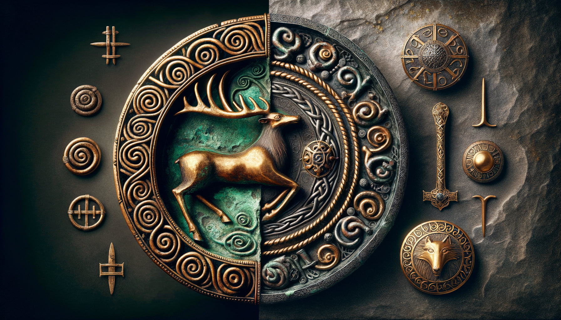 Comparaison art celtique avec cerf ornemental versus art germanique avec symbolique guerrière, objets antiques authentiques