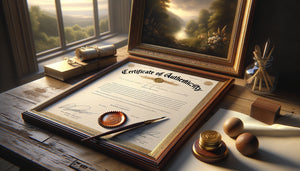 Certificat d'authenticité avec cachet officiel posé près d'un tableau original, documentation patrimoniale d'œuvre d'art contemporaine