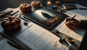 Artiste émergent signant certificat d'authenticité pour tableau Halloween contemporain avec documents de provenance