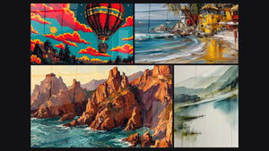 Mozaïek van vier schilderijen, waaronder Vintage heteluchtballon en Klippen van Corsica
