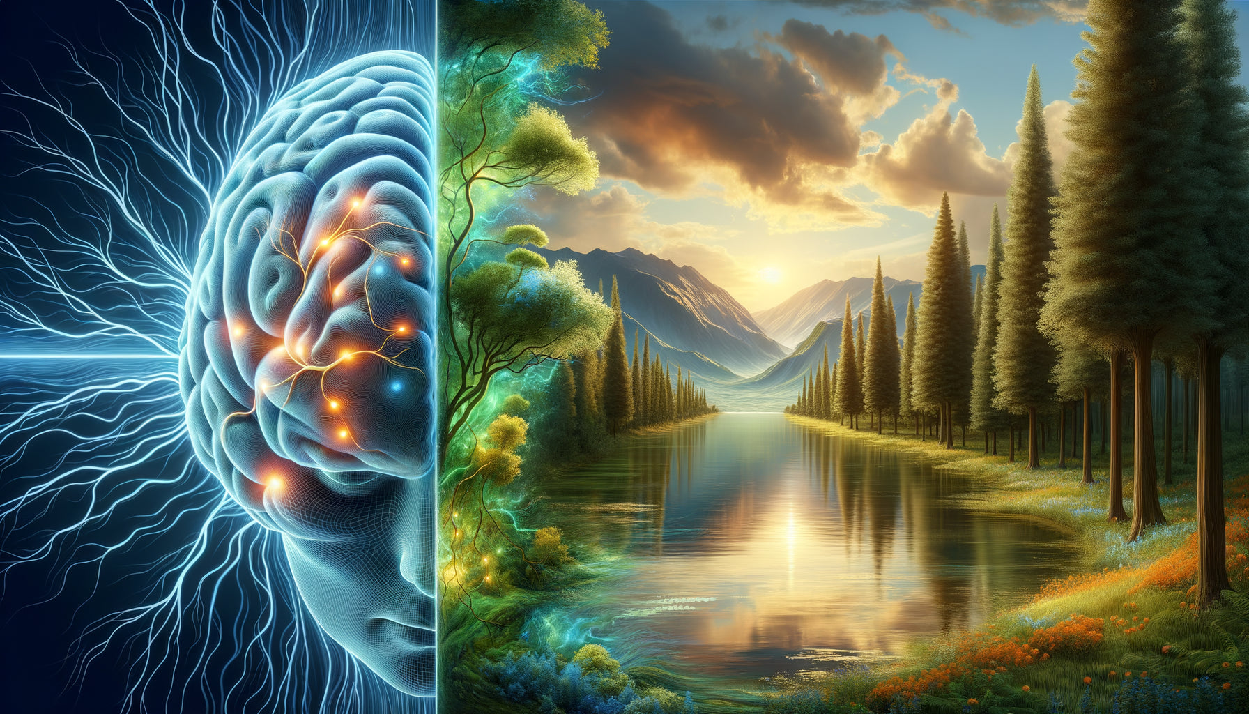 Visualisation scientifique montrant connexion entre circuits neuronaux du cerveau et paysage naturel avec motifs fractals apaisants