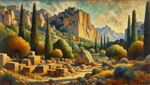 Paysage provençal style Cézanne post-impressionniste avec déconstruction géométrique et volumes sculptés par la couleur