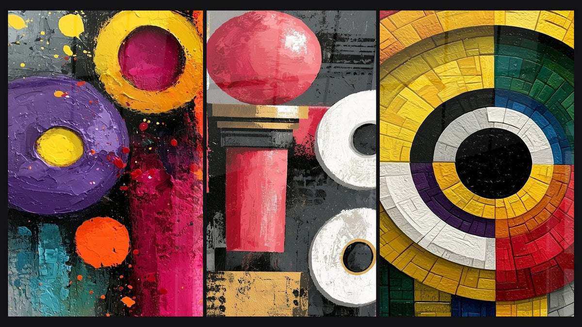 Mosaic of three paintings, including Purple and Yellow Circles Textured and Round Shapes Red and Anthracite