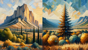 Peinture de la montagne Sainte-Victoire dans le style post-impressionniste de Paul Cézanne, touches géométriques constructives, palette provençale