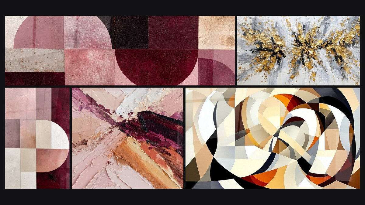 Mosaico di cinque quadri, tra cui Astratto con tocchi rosa, viola e arancio e Forme circolari intrecciate di