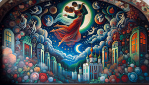 Murale décorative style Marc Chagall avec amoureux flottants, couleurs vibrantes bleu et rouge, atmosphère onirique romantique