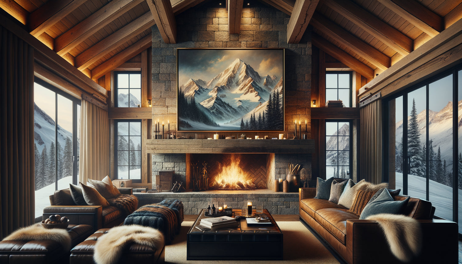 Intérieur chaleureux de chalet ski avec grand tableau de montagne au-dessus de la cheminée créant continuité avec paysage extérieur enneigé
