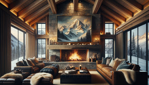 Intérieur chaleureux de chalet ski avec grand tableau de montagne au-dessus de la cheminée créant continuité avec paysage extérieur enneigé