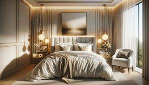 Chambre d'amis élégante style boutique-hôtel avec literie luxueuse et éclairage d'ambiance chaleureux