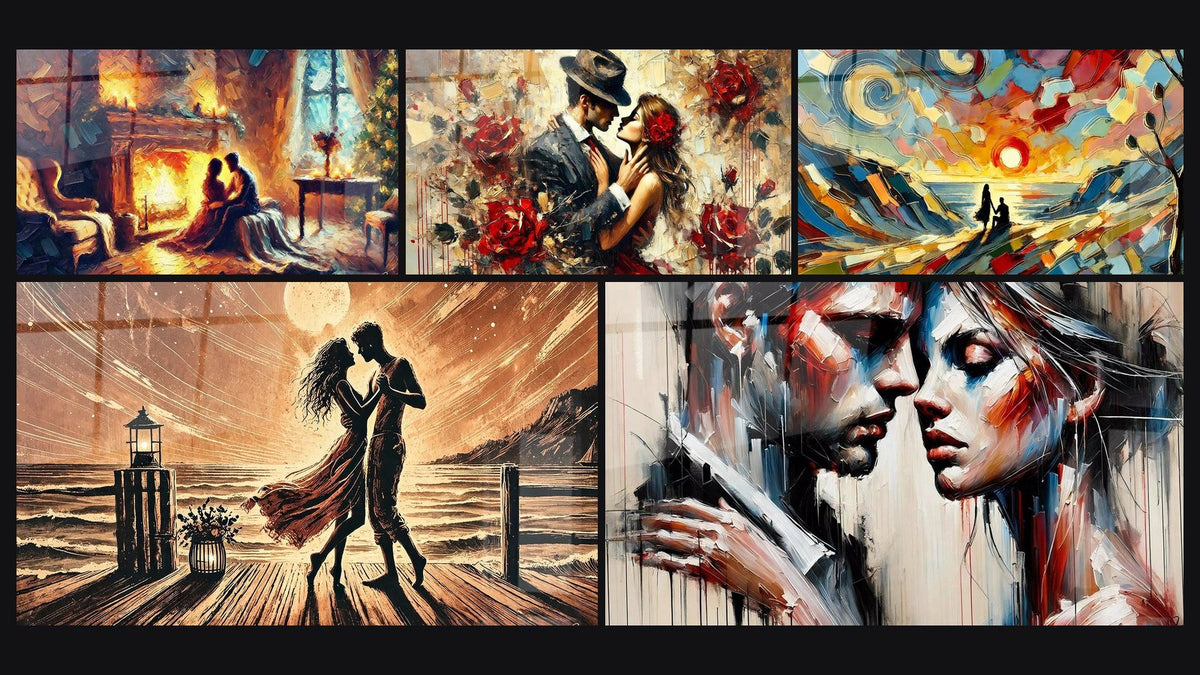 Mosaico de cinco cuadros, entre ellos Luminosidad del Amor, Entre Luz y Sombra y La Dulzura del Amor