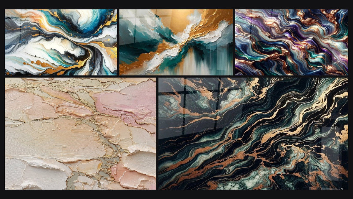 Mosaico de cinco cuadros, entre ellos Abstracto de Corrientes Coloridas, Luz de las Profundidades y Serenata Mineral