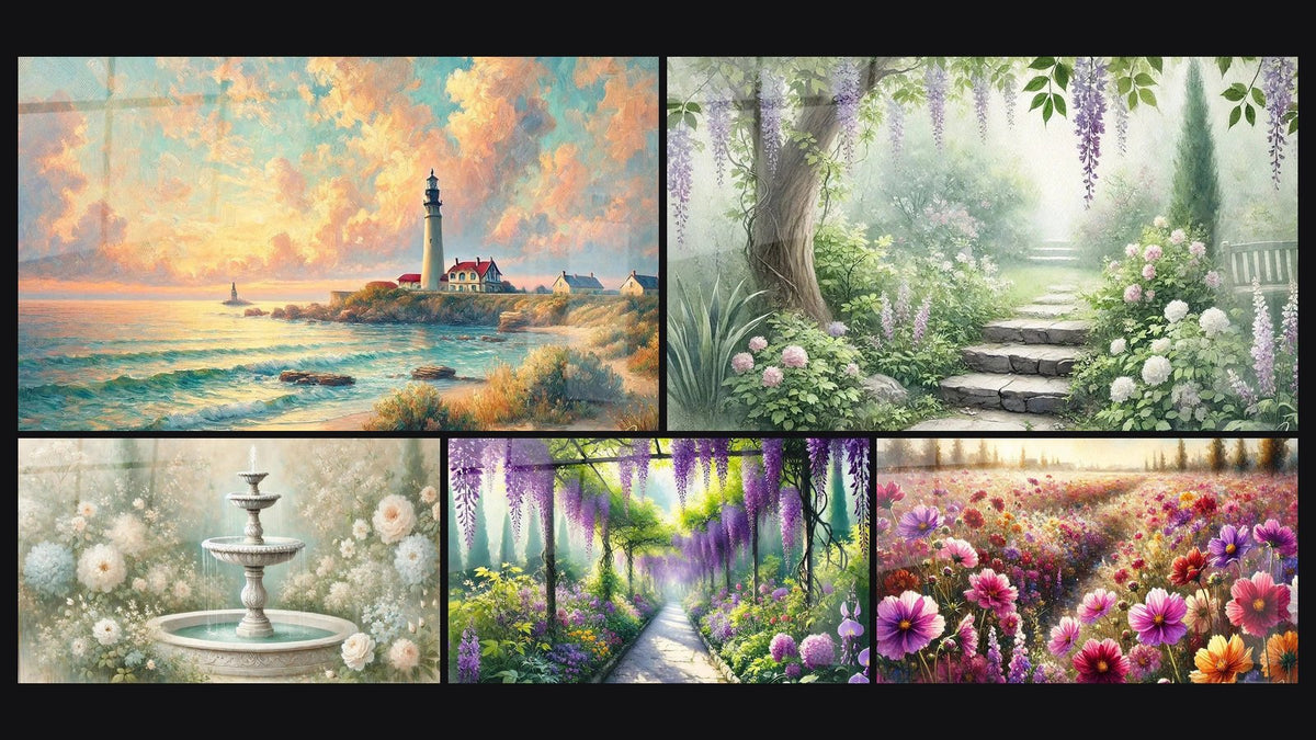 Mosaic of five paintings, including Dawn Over the Lighthouse, Romantic Fountain and Magic Path