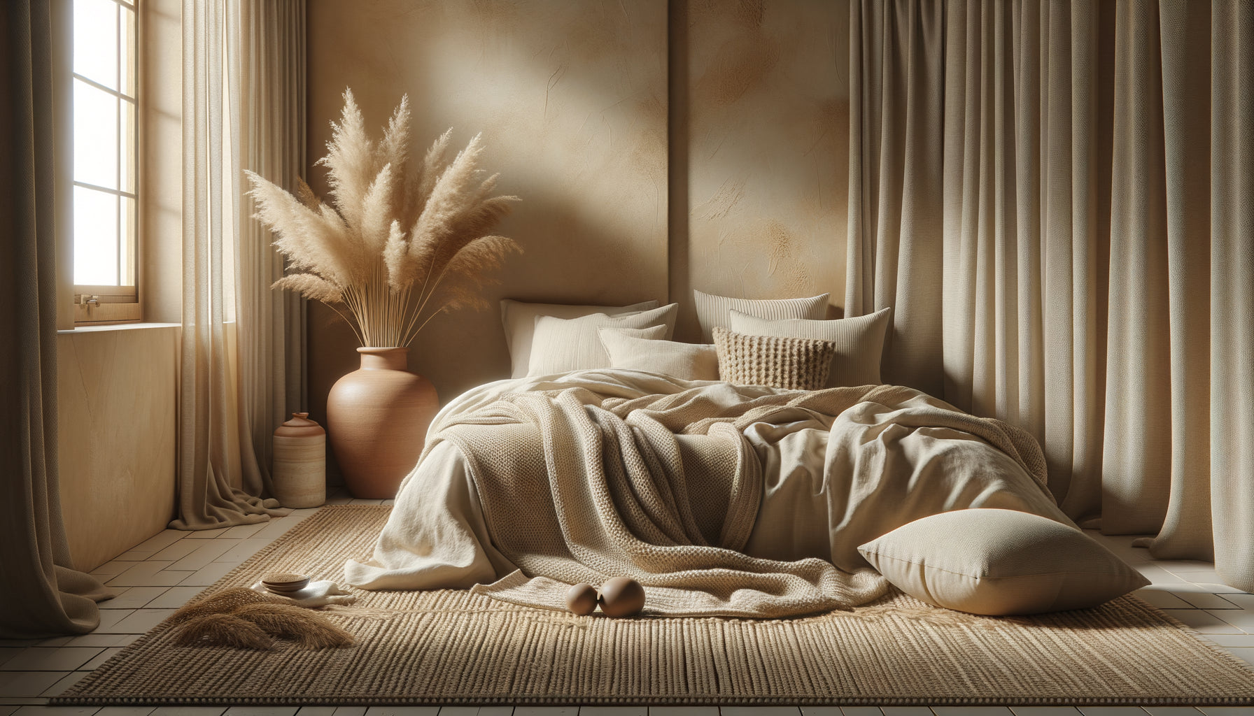 Chambre cocooning contemporaine aux tons beiges et sable avec textiles naturels et lumière douce apaisante