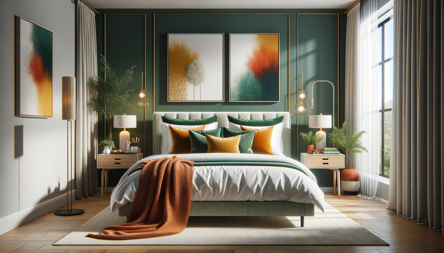Chambre contemporaine avec mur d'accent vert émeraude audacieux, literie blanche et coussins colorés, éclairage doux stratégique