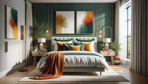 Chambre contemporaine avec mur d'accent vert émeraude audacieux, literie blanche et coussins colorés, éclairage doux stratégique