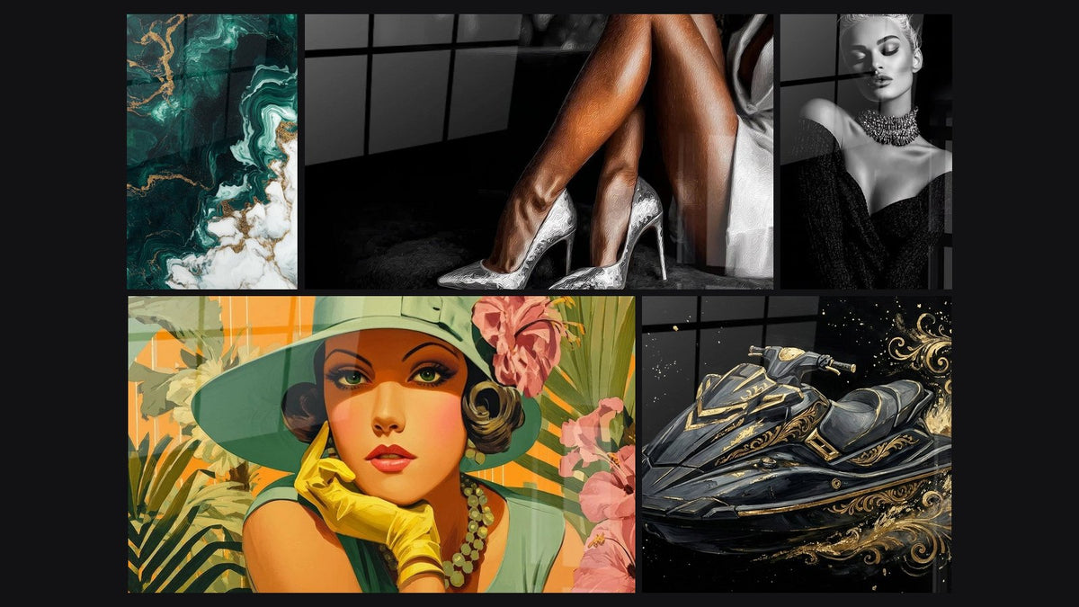 Mosaïque de cinq tableaux, dont Talons Hauts, Style rétro et Jetski Luxe
