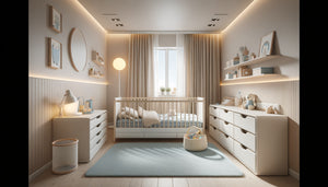 Chambre d'enfant moderne et sécurisée pour location Airbnb familiale avec lit à barreaux, rangements modulables et éclairage apaisant