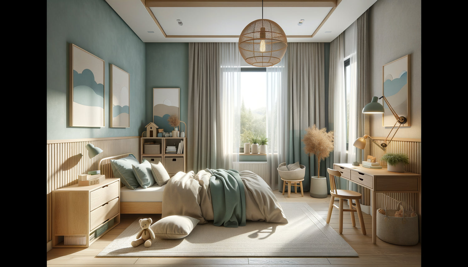 Chambre d'enfant apaisante aux couleurs douces bleu pastel et vert sauge, design minimaliste adapté TDAH