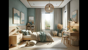 Chambre d'enfant apaisante aux couleurs douces bleu pastel et vert sauge, design minimaliste adapté TDAH