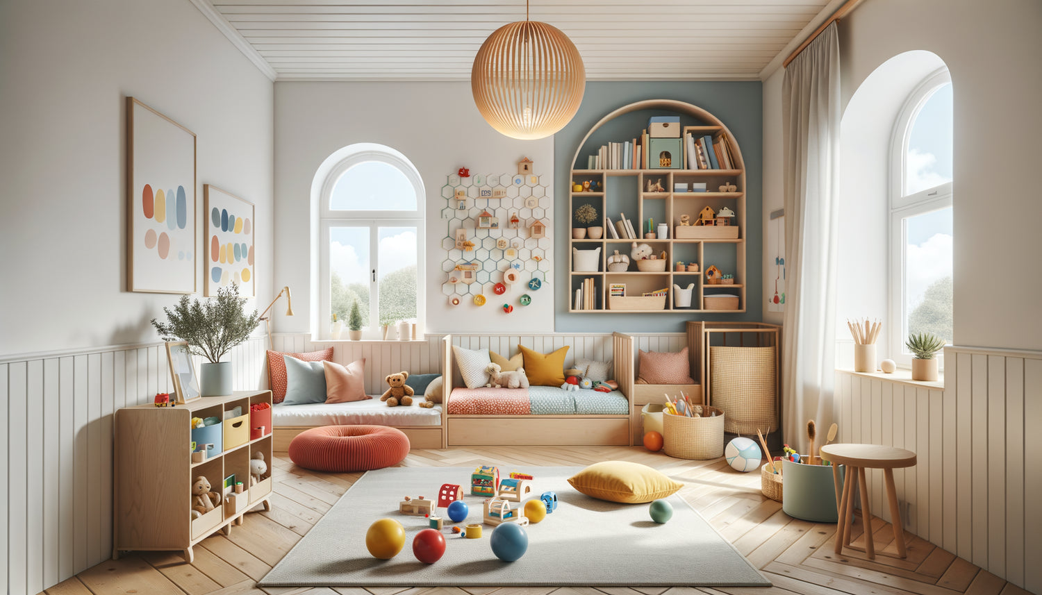 Chambre d'enfant moderne utilisant les couleurs primaires rouge, bleu et jaune pour stimuler l'éveil cognitif