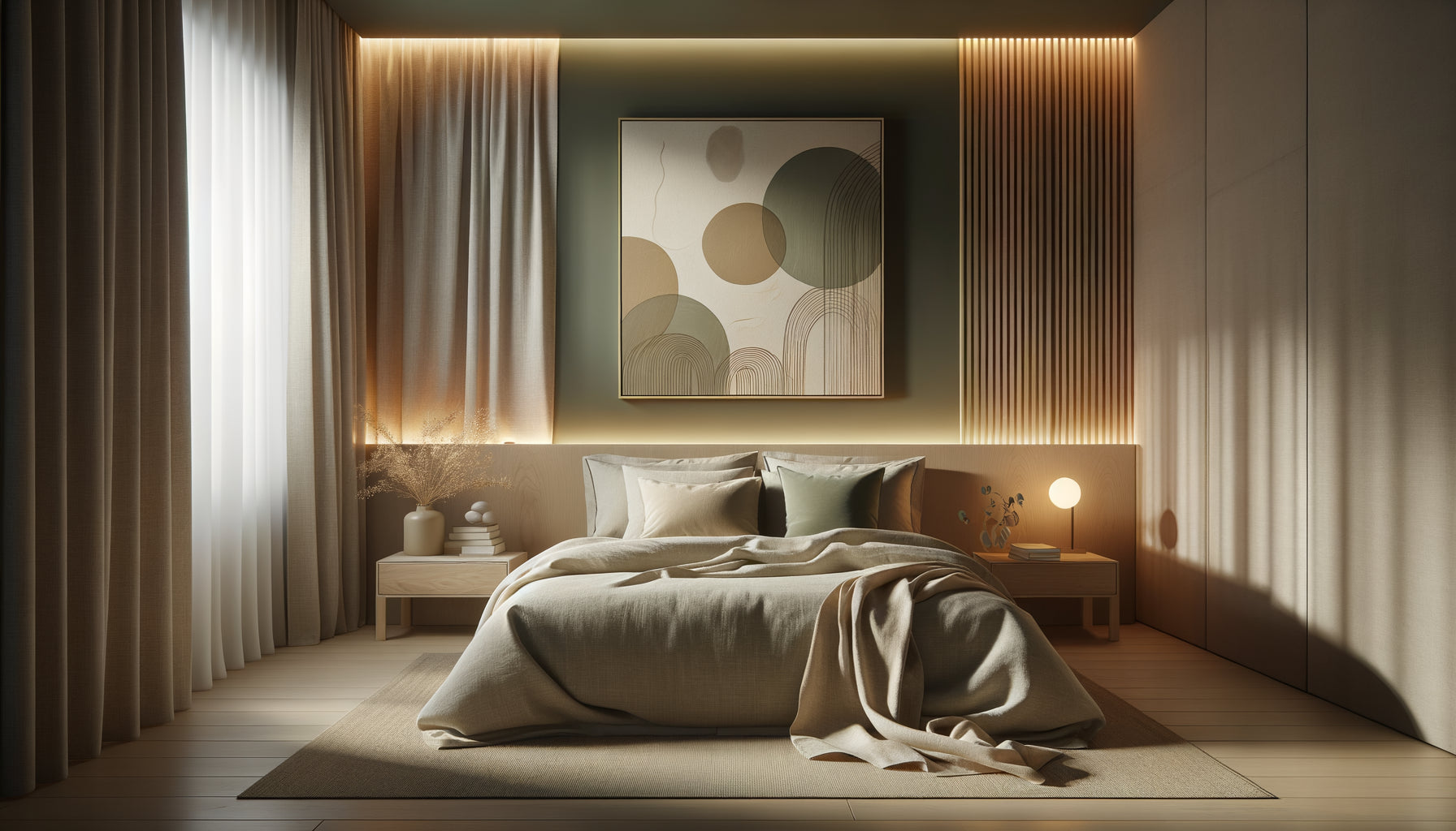 Chambre contemporaine apaisante avec éclairage doux en cascade, tons chauds, œuvre minimaliste et matières absorbantes pour le sommeil