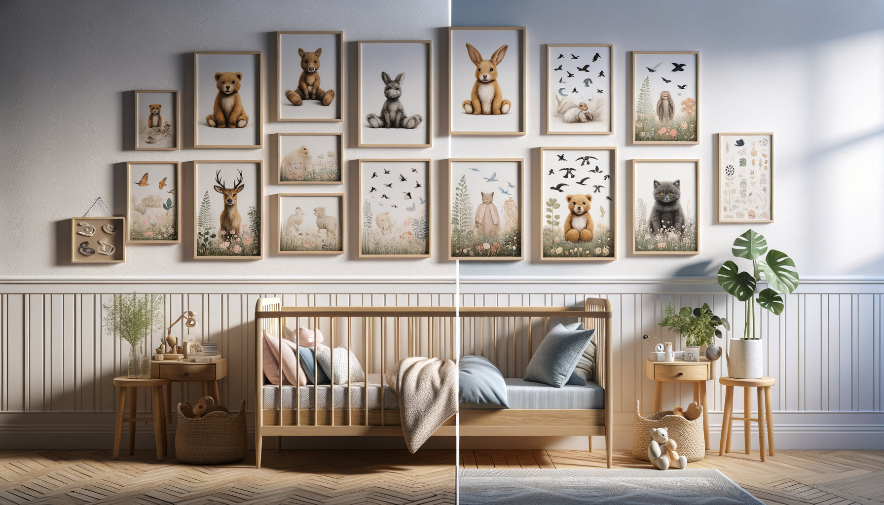 Composition murale évolutive pour chambre d'enfant combinant tableaux encadrés permanents et affiches interchangeables, style contemporain scandinave