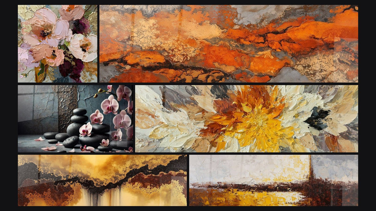 Mosaik aus sechs Gemälden, darunter Steine und Blütenblätter