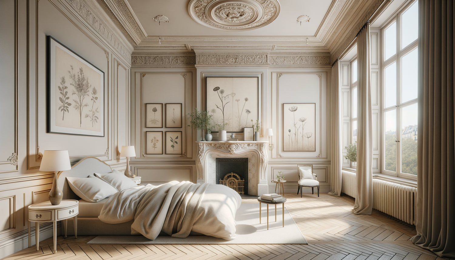 Chambre haussmannienne parisienne avec moulures, cheminée en marbre et œuvres encadrées : gravures anciennes, aquarelles poudrées et photographies noir et blanc